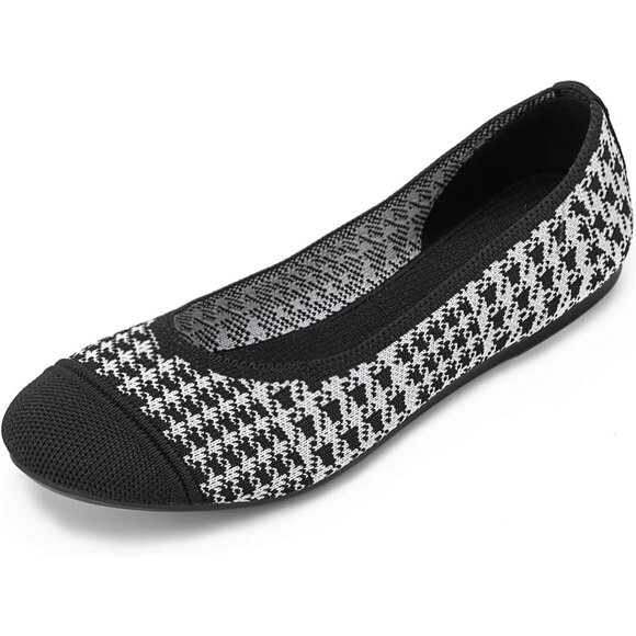 Frank Mully Women’s Black White Knit Fabric Round Toe Slip On Ballet Flat Shoes - Picture 8 of 8